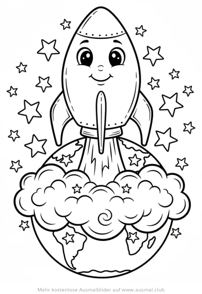 Rakete startet von der Erde Ausmalbild mit Sternen