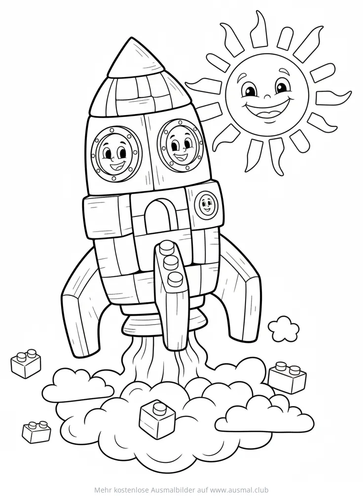 Rakete aus Bauklötzen Ausmalbild mit Sonne