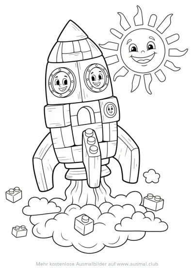 Rakete aus Bauklötzen Ausmalbild mit Sonne