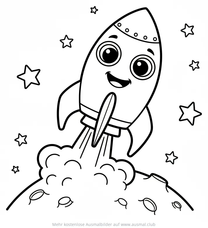 Cartoon Rakete Ausmalbild startet von Planet