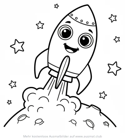 Cartoon Rakete Ausmalbild startet von Planet