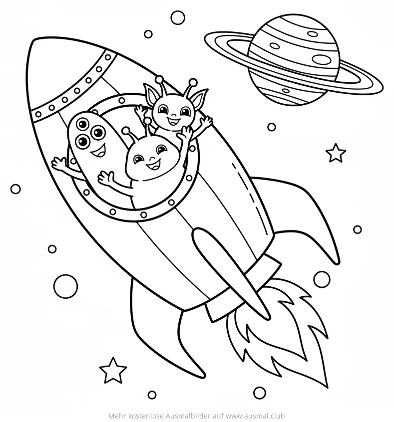 Rakete mit Aliens Ausmalbild im Weltraum