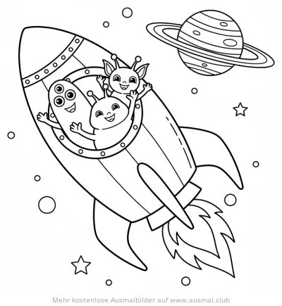 Rakete mit Aliens Ausmalbild im Weltraum