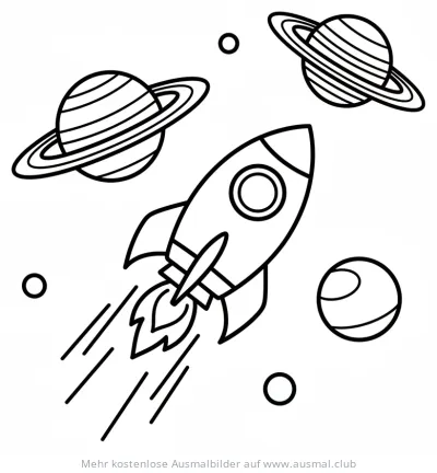 Rakete mit Planeten im Weltraum Ausmalbild