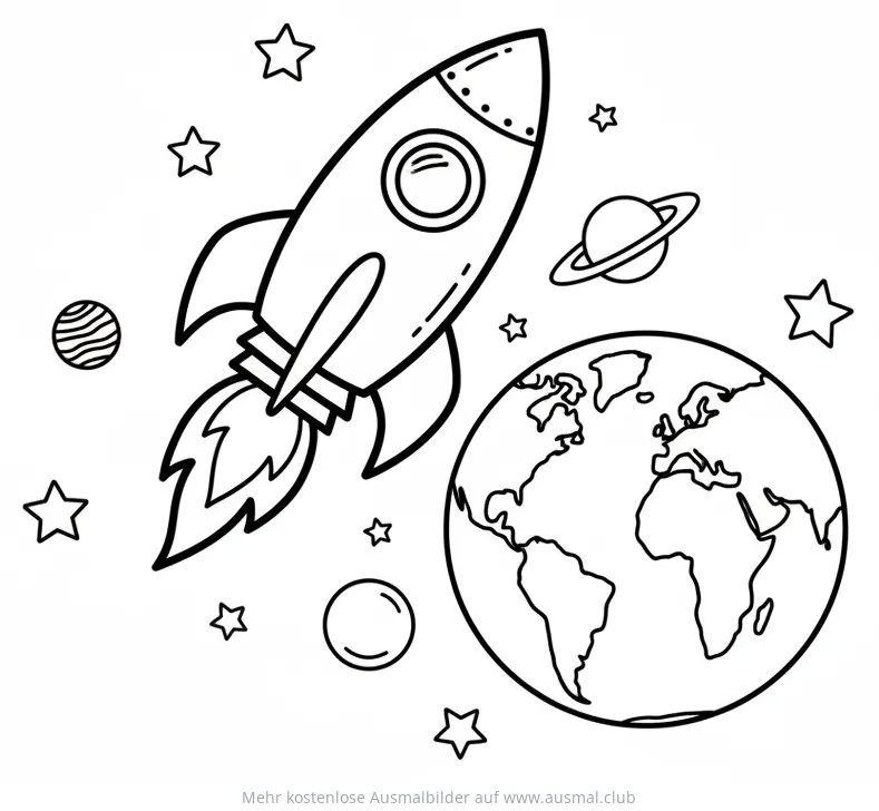 Rakete startet ins Weltall Ausmalbild mit Erde, Sternen und Planeten