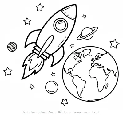 Rakete startet ins Weltall Ausmalbild mit Erde, Sternen und Planeten