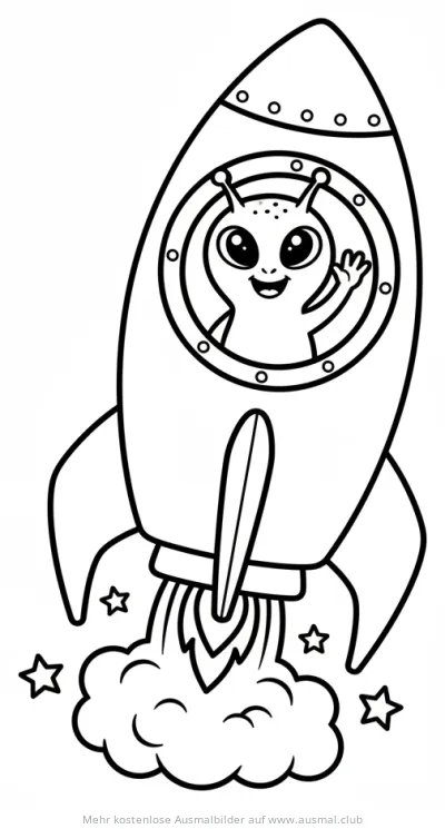 Alien in Rakete winkt Ausmalbild