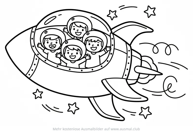 Rakete mit vier Kindern Ausmalbild