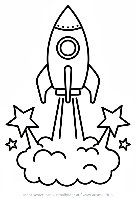 Raketen Ausmalbild mit Rauchwolke und Sternen