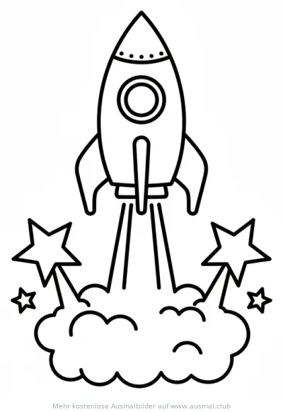 Raketen Ausmalbild mit Rauchwolke und Sternen