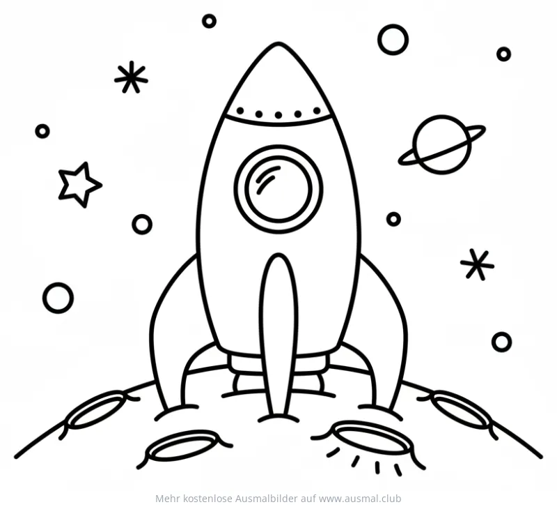 Rakete auf Mond Ausmalbild mit Sternen und Planet