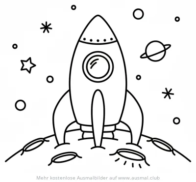 Rakete auf Mond Ausmalbild mit Sternen und Planet