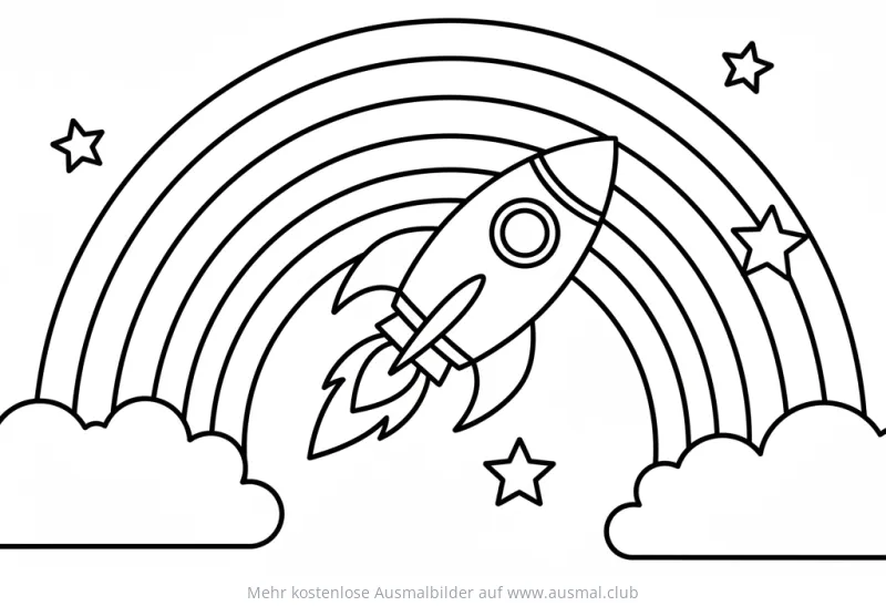 Rakete fliegt vor Regenbogen und Sternen Ausmalbild