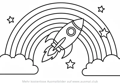Rakete fliegt vor Regenbogen und Sternen Ausmalbild
