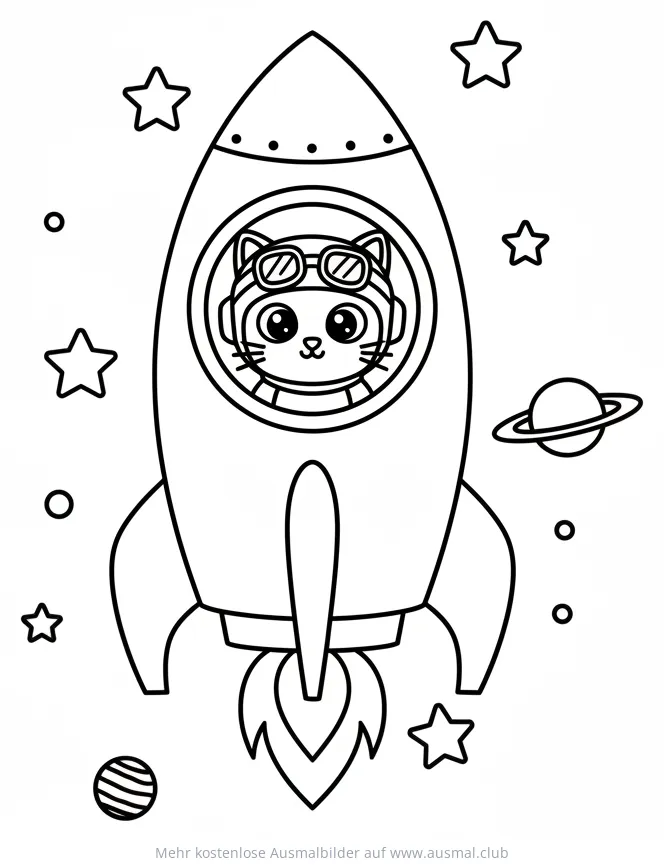 Katze als Astronaut in Rakete Ausmalbild