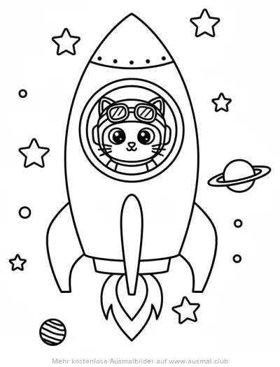 Katze als Astronaut in Rakete Ausmalbild