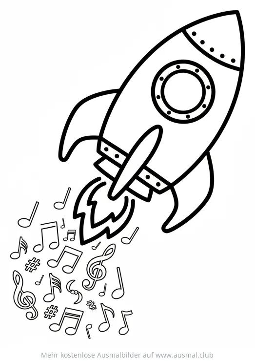 Fliegende Rakete mit Noten als Antriebsflammen Ausmalbild