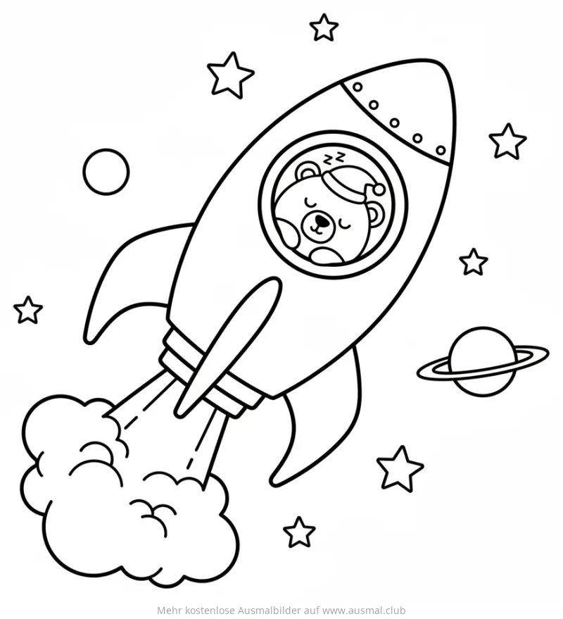 Schlafender Bär in Rakete Ausmalbild im Weltraum