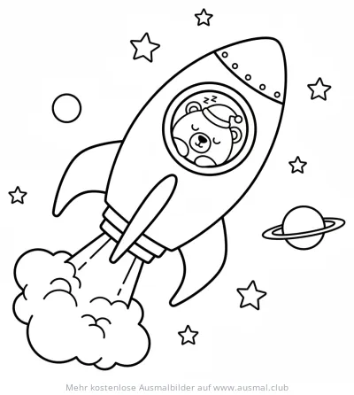Schlafender Bär in Rakete Ausmalbild im Weltraum