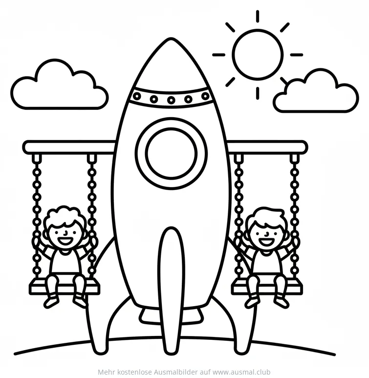 Rakete mit zwei Schaukeln und Kindern Ausmalbild