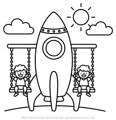 Rakete mit zwei Schaukeln und Kindern Ausmalbild