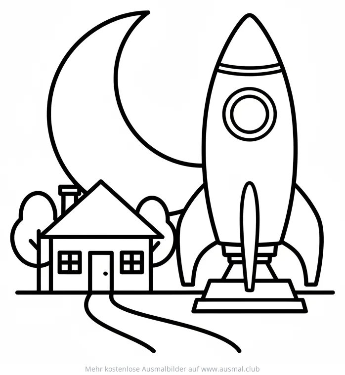 Rakete vor Haus mit Mond Ausmalbild