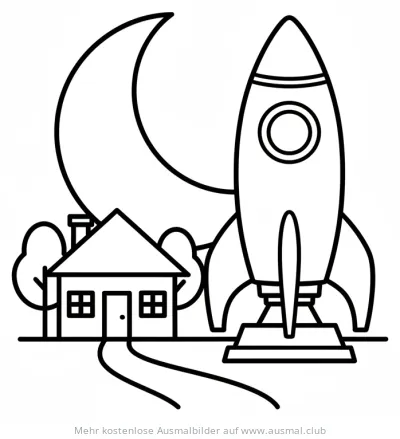 Rakete vor Haus mit Mond Ausmalbild