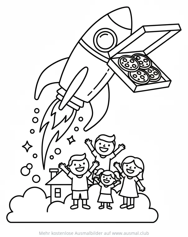 Rakete transportiert Pizza über jubelnde Kinder Ausmalbild