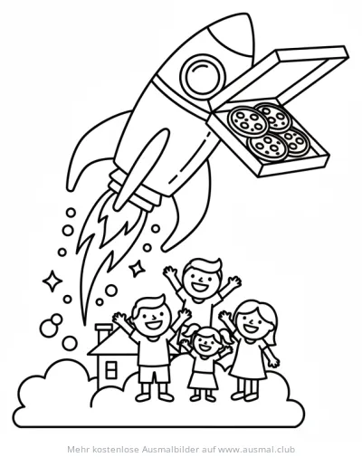 Rakete transportiert Pizza über jubelnde Kinder Ausmalbild