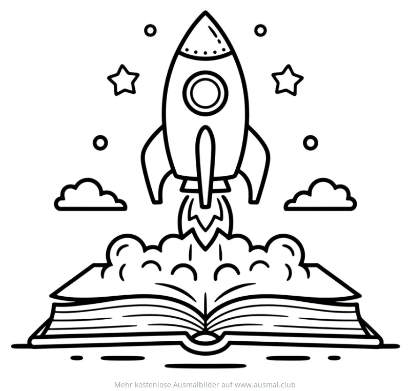 Rakete startet aus einem Buch Ausmalbild