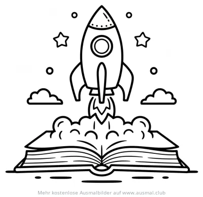 Rakete startet aus einem Buch Ausmalbild