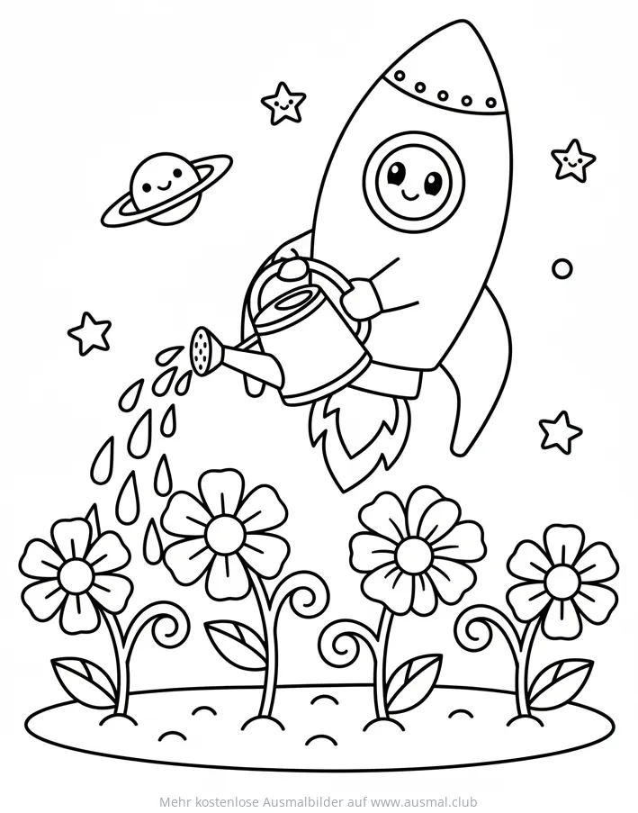 Rakete gießt Blumen Ausmalbild