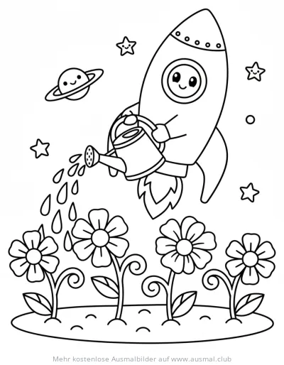 Rakete gießt Blumen Ausmalbild