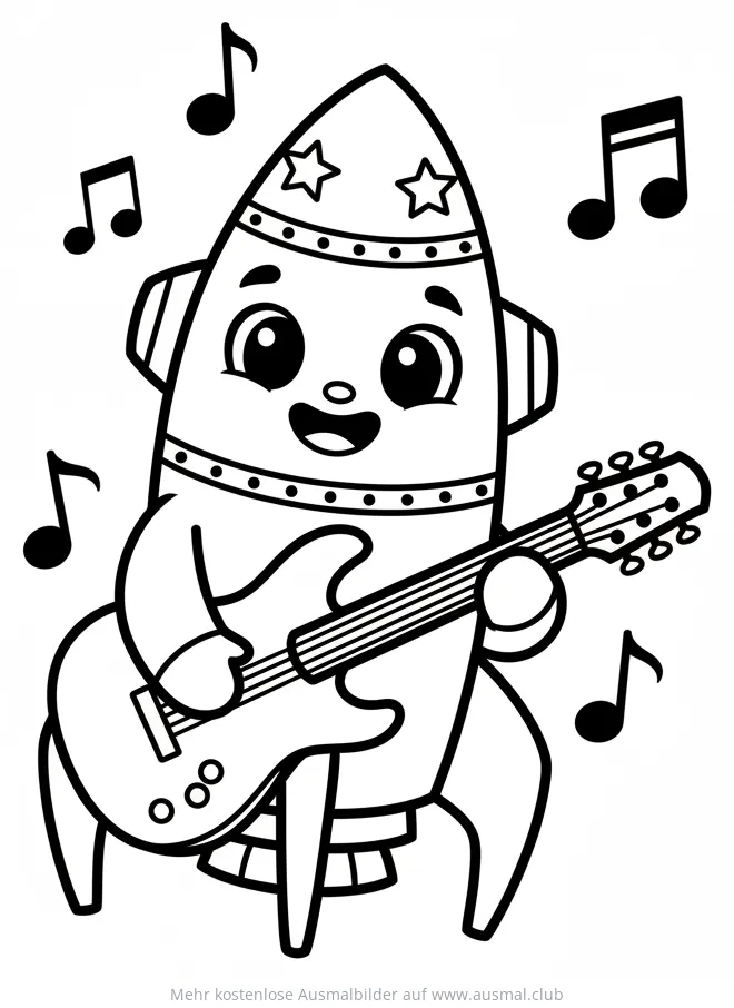 Rakete mit Gitarre Ausmalbild