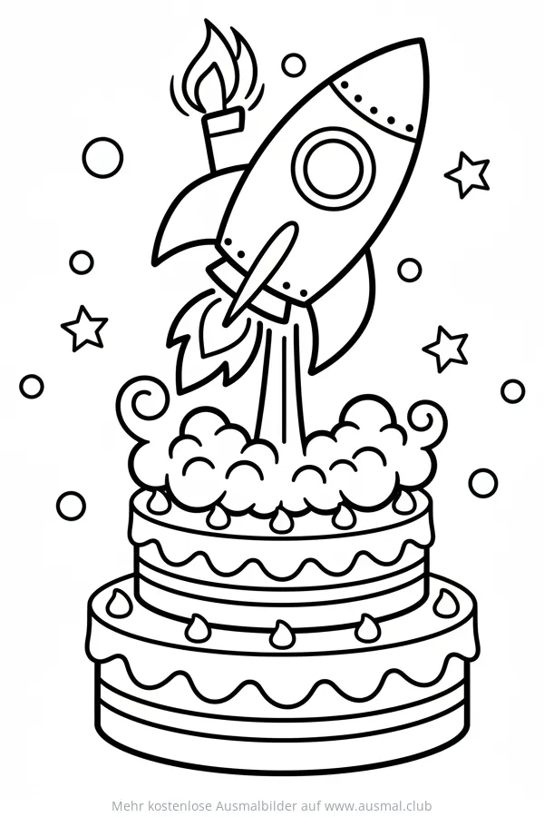 Rakete startet von Geburtstagstorte Ausmalbild