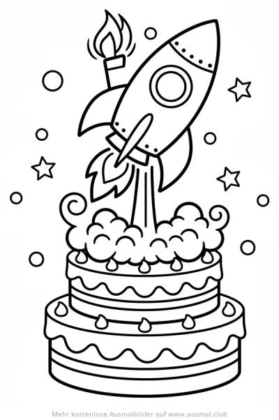 Rakete startet von Geburtstagstorte Ausmalbild