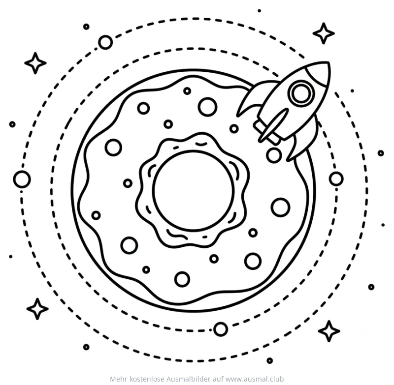 Rakete umkreist Donut Planeten Ausmalbild