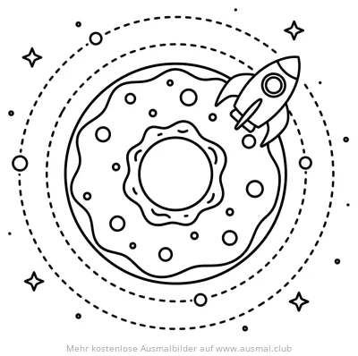 Rakete umkreist Donut Planeten Ausmalbild