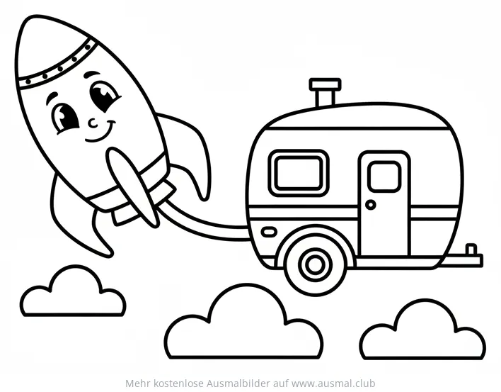 Rakete zieht Wohnwagen Ausmalbild in den Wolken