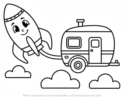 Rakete zieht Wohnwagen Ausmalbild in den Wolken