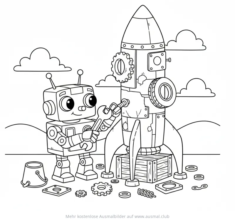 Roboter repariert Rakete Ausmalbild