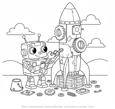 Roboter repariert Rakete Ausmalbild