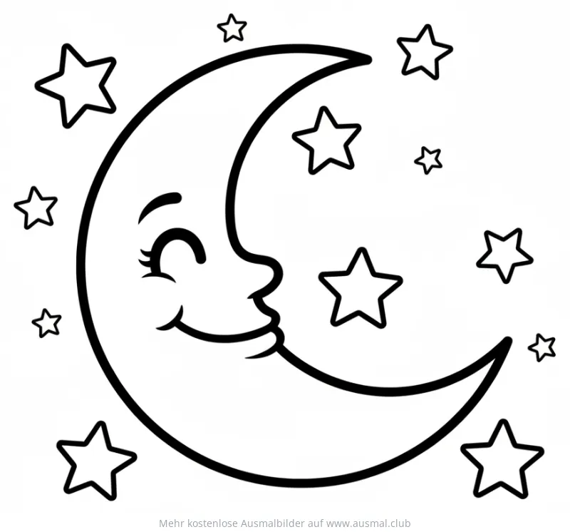 Freundliche Mondsichel mit Sternen Ausmalbild