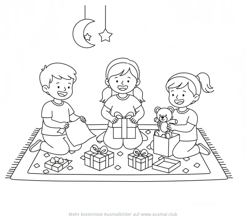Kinder packen Zuckerfest Geschenke Ausmalbild