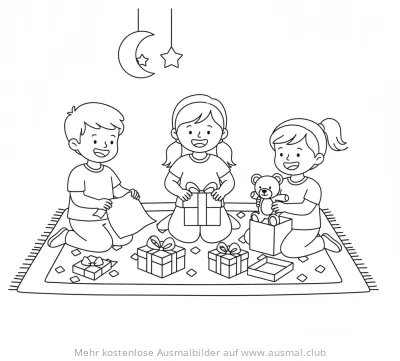 Kinder packen Zuckerfest Geschenke Ausmalbild
