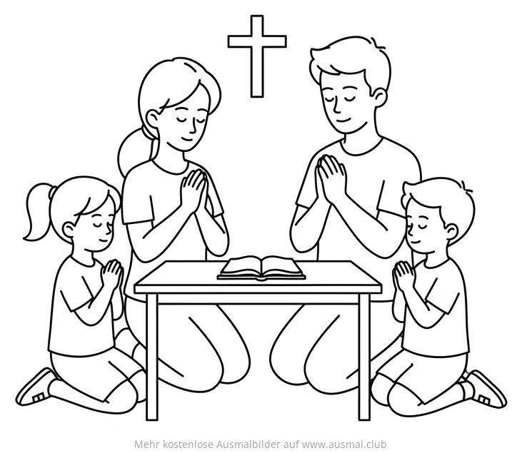 Familie betet gemeinsam am Tisch Ausmalbild