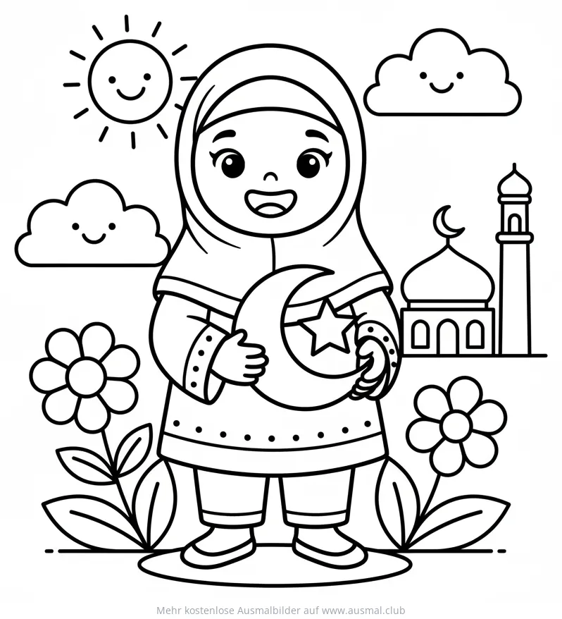 Mädchen mit Mondsichel und Stern vor Moschee Ausmalbild