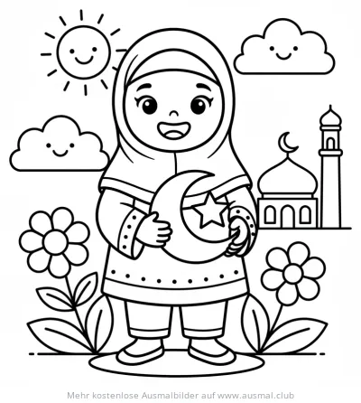 Mädchen mit Mondsichel und Stern vor Moschee Ausmalbild