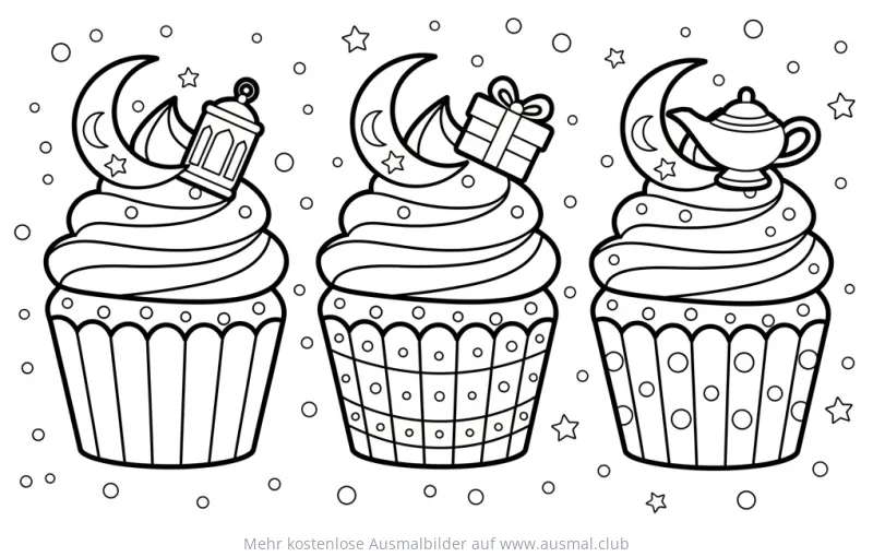 Zuckerfest Cupcakes mit Laterne, Geschenk und Teekanne Ausmalbild