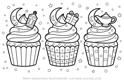 Zuckerfest Cupcakes mit Laterne, Geschenk und Teekanne Ausmalbild